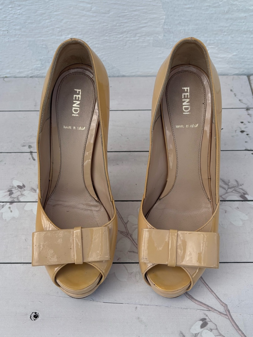 Fendi Beige Patent Leather Peep-Toe Pumps with Bow Accent